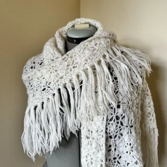 Handmade Crochet Shawl Wrap Ivory Fringe Boho Cottagecore - Picture 7 of 10